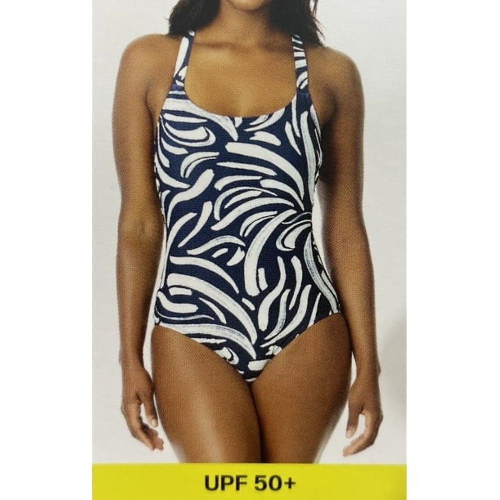Hurley White/Blue Crossback UPF 50+ One Piece Swimsuit size Medium EUC